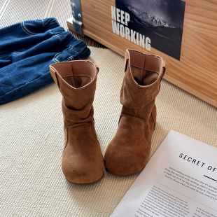 女童勃肯靴2025冬新款复古二棉棕色儿童靴子软底堆堆靴女宝宝短靴