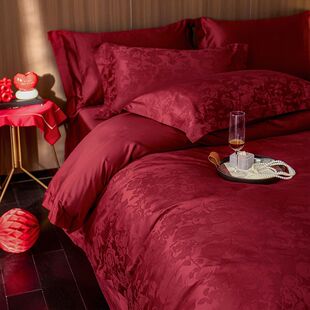 双股100支长绒棉贡缎提花结婚四件套纯棉全棉红色婚庆床品高级感