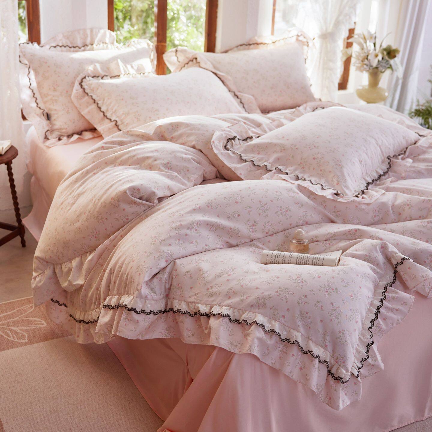 2026春夏韩版碎花双层花边四件套全棉纯棉床单被套三件套床上用品