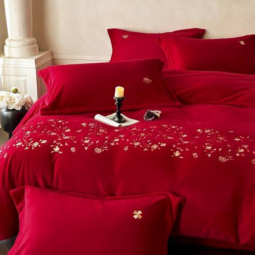 婚庆牛奶绒双面高档结婚刺绣四件套冬季加厚珊瑚绒被套床上用品