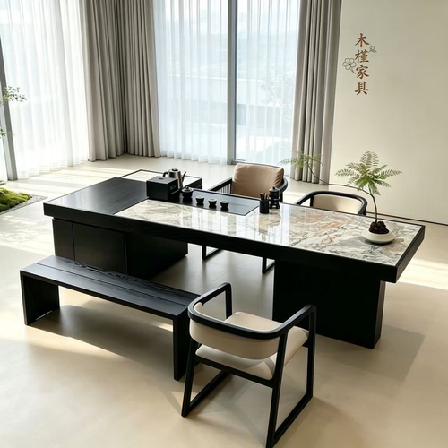 意式极简黑胡桃木岩板办公商用