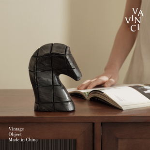 饰品 梵其侘寂风黑色大理石抽象马头摆件样板间客厅书房酒柜桌面装