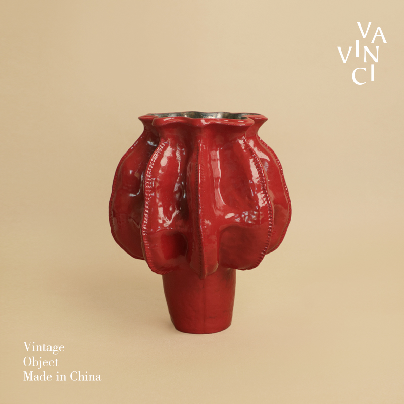 新中式复古红色手作陶瓷花瓶摆件