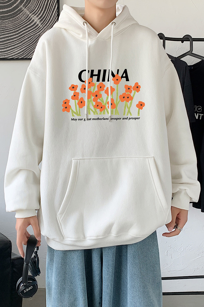 2021秋冬原创小众多色印花港仔宽松情侣连帽卫衣Y033粉,男装卫衣,电商B219