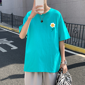 505-1-Y138t恤男夏季新款港风小花印花短袖中性风情侣宽松黑图片
