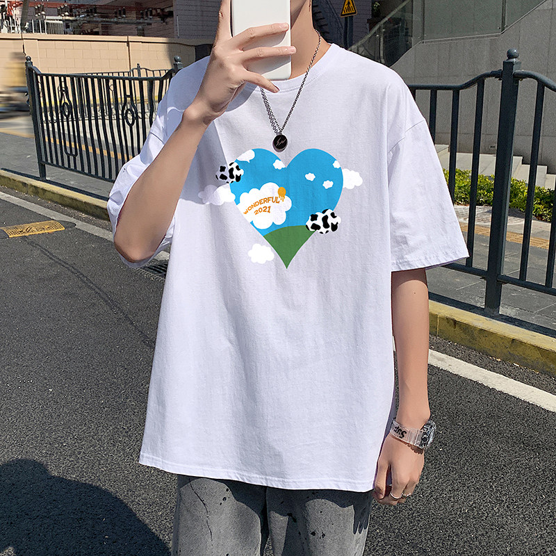 505-1-Y098夏季百搭休闲纯棉短袖T恤男港风宽松中性风云心蓝,男装T恤,电商B219
