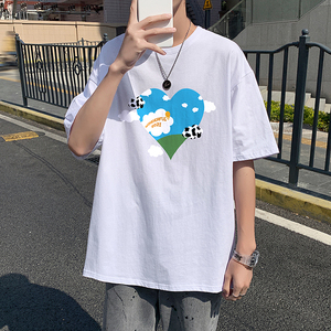 505-1-Y098夏季百搭休闲纯棉短袖T恤男港风宽松中性风云心蓝