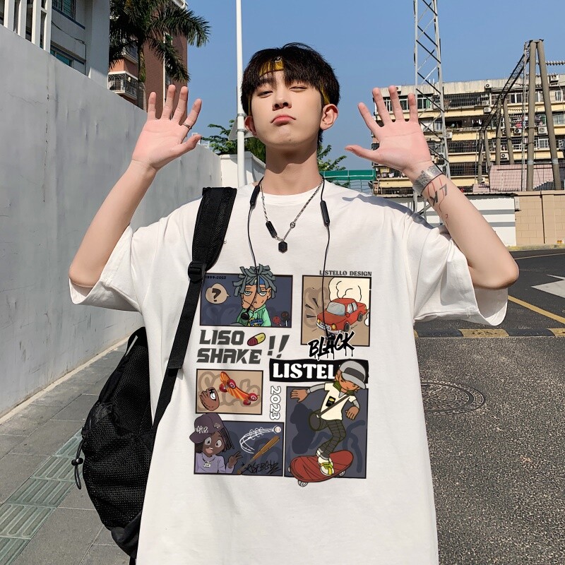 220克夏装印花宽松港仔百搭学生休闲圆领短袖t恤Y388P25白色图片