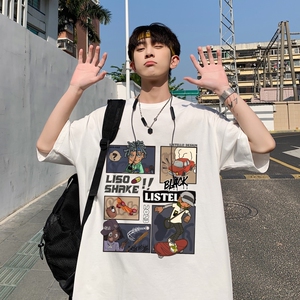 220克夏装印花宽松港仔百搭学生休闲圆领短袖t恤Y388P25白色图片