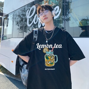 奶蓝色短袖t恤男款夏季潮牌潮流宽松大码港风多巴胺oversize衣服图片