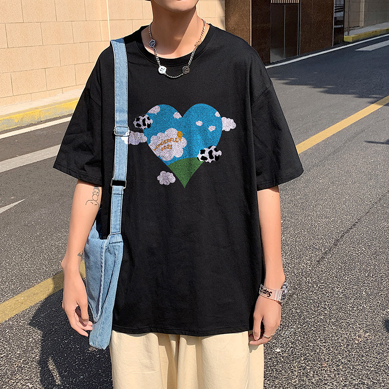 505-1-Y098夏季百搭休闲纯棉短袖T恤男港风宽松中性风云心蓝,男装T恤,电商B219
