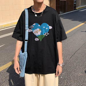 505-1-Y098夏季百搭休闲纯棉短袖T恤男港风宽松中性风云心蓝图片