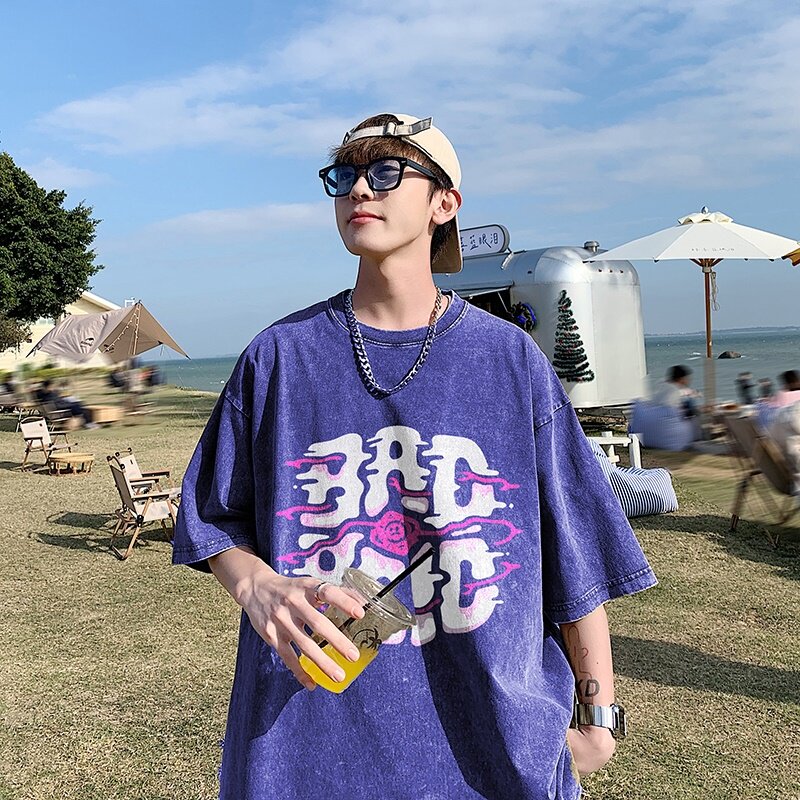 2023新款夏装纯棉圆领复古做旧宽松港仔短袖蜡染水洗T恤Y352P35,男装T恤,电商B219