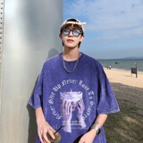 220克新款夏装纯棉圆领复古做旧宽松港仔短袖蜡染水洗T恤Y332P35，男装T恤，电商B219