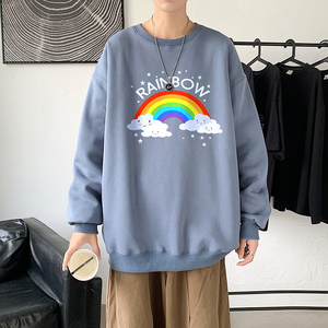 2021秋冬新款高品质多色彩虹印花港仔宽松情侣卫衣Y057灰图片