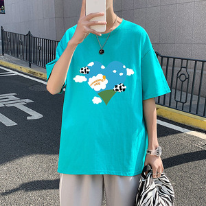 505-1-Y098夏季百搭休闲纯棉短袖T恤男港风宽松中性风云心蓝图片