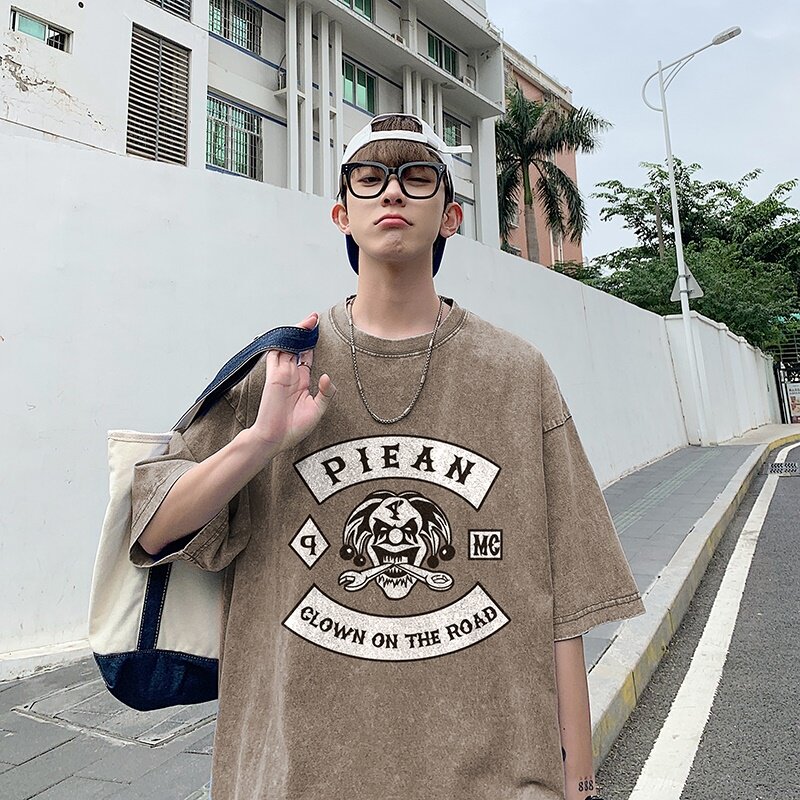 220克新款夏装纯棉圆领复古做旧宽松港仔短袖蜡染水洗T恤Y338P35,男装T恤,电商B219
