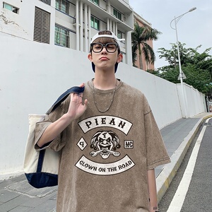 220克新款夏装纯棉圆领复古做旧宽松港仔短袖蜡染水洗T恤Y338P35,卡其色紧身半身裙怎么搭配图片