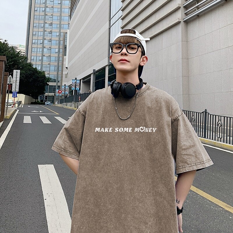 2023新款夏装纯棉圆领复古做旧宽松港仔短袖蜡染水洗T恤Y328P35蓝,男装T恤,电商B219