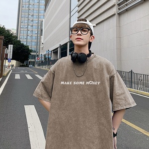 220克新款夏装纯棉圆领复古做旧宽松港仔短袖蜡染水洗T恤Y328P35图片