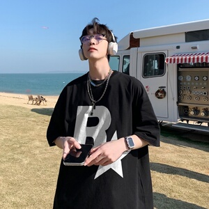 220克夏装R星印花宽松港仔百搭学生休闲圆领短袖t恤Y381P25蓝图片
