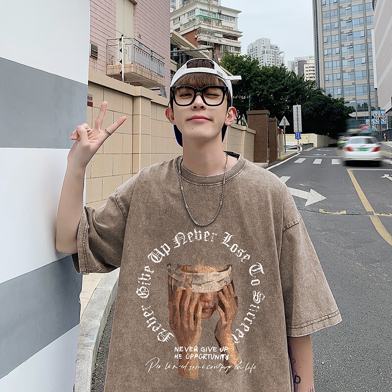 220克新款夏装纯棉圆领复古做旧宽松港仔短袖蜡染水洗T恤Y332P35,男装T恤,电商B219