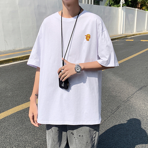 505-1-Y168男装夏季纯棉宽松港风印花休闲上衣中性风T恤黑图片