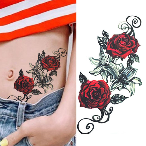 彩色纹身贴腹部女防水大花遮疤