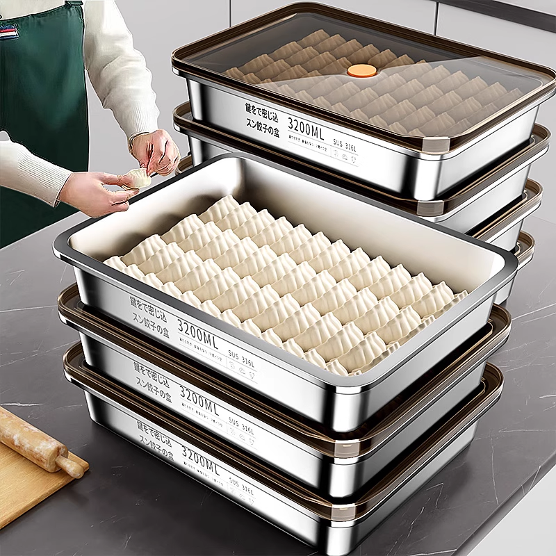 日本饺子收纳盒冰箱用食品级316不锈钢保鲜盒冷速冻水饺专用托盘