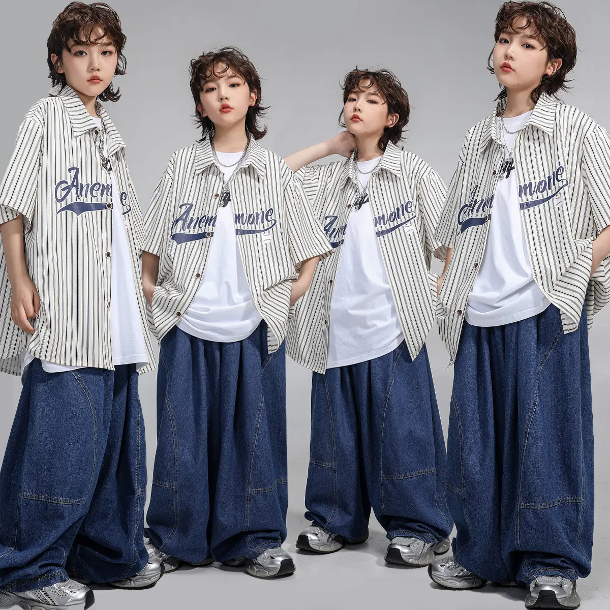少儿街舞嘻哈套装短袖宽松条纹衬衫hiphop服男女孩架子鼓演出服潮