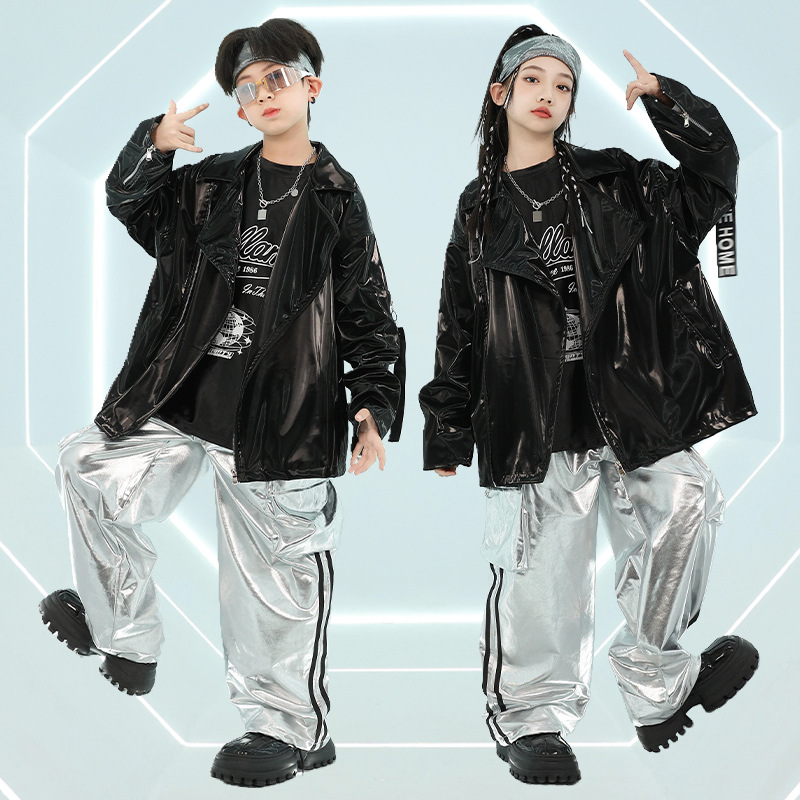街舞儿童潮服男童hiphop嘻哈套装女童爵士舞架子鼓皮衣夹克演出服