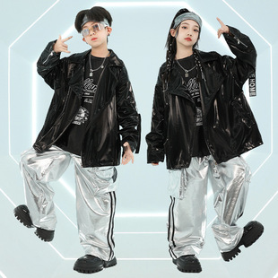 街舞儿童潮服男童hiphop嘻哈套装女童爵士舞架子鼓皮衣夹克演出服