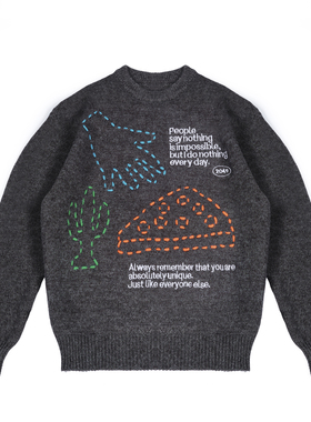 Paper voice手工刺绣毛衣宽松休闲美式趣味印花ins风青春通勤日常