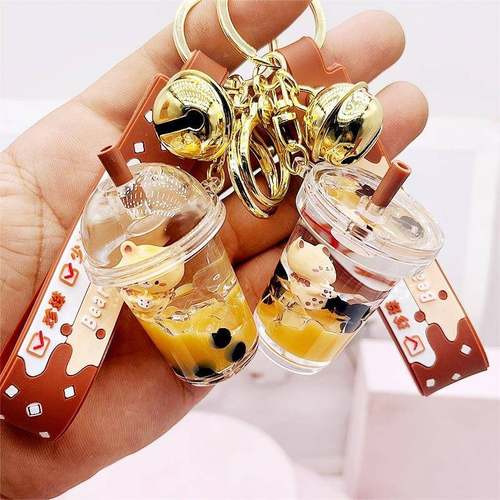 仿真入油漂浮液体流沙瓶珍珠奶茶熊钥匙扣可爱潮流汽车钥匙链挂件