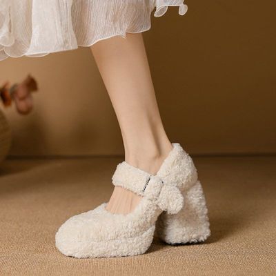（现货）高级感白色厚底毛毛高跟鞋粗跟外穿冬加绒法式玛丽珍单鞋