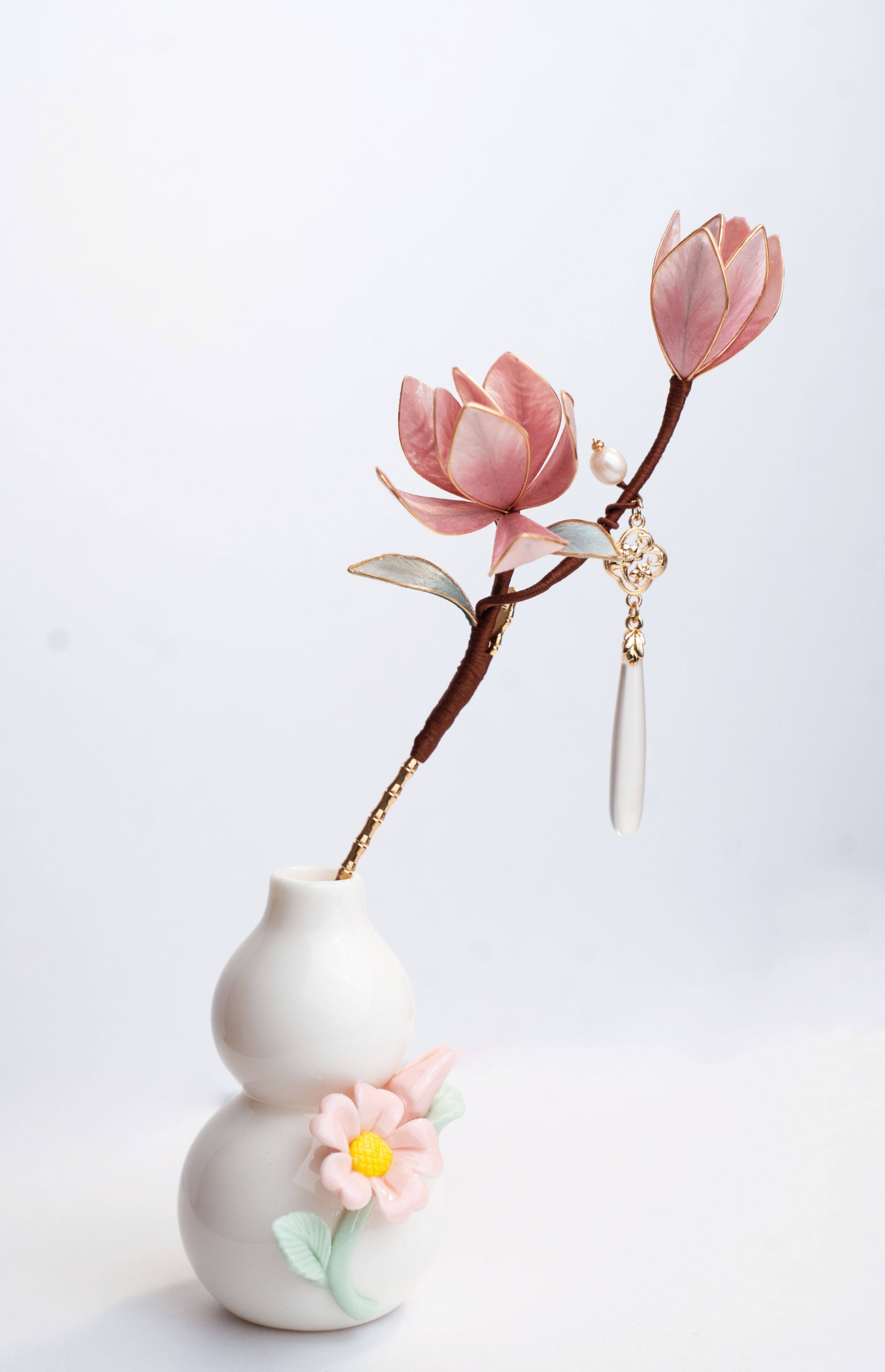 原创设计非遗绒花  蚕丝手工制作日常旗袍汉服中式发簪玉兰步摇