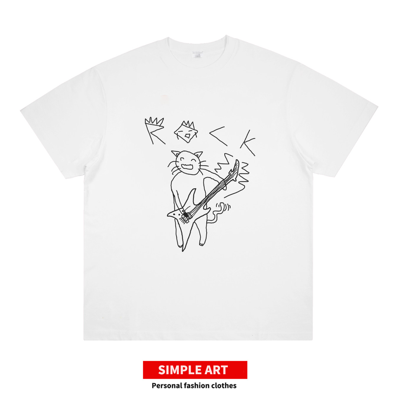 原创摇滚猫咪ROCK电吉他solo短袖朋克猫趣味音乐节印花文艺T恤潮