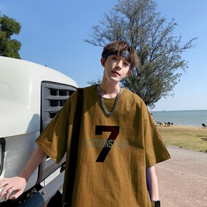 T6300P25 港风T恤2023夏新款男印花T宽松版T恤潮爆落肩休闲T图片