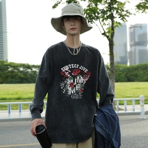 TFC6339P58 重磅纯棉水洗长袖T恤春款宽松蜡染做旧男T高克重图片