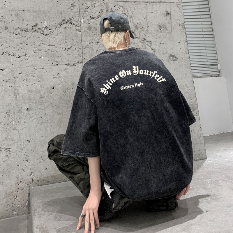 TF6830P35复古短T新潮水洗做旧蜡染T恤高街小欧风T恤港风宽松T恤，男装T恤，星座510A-5