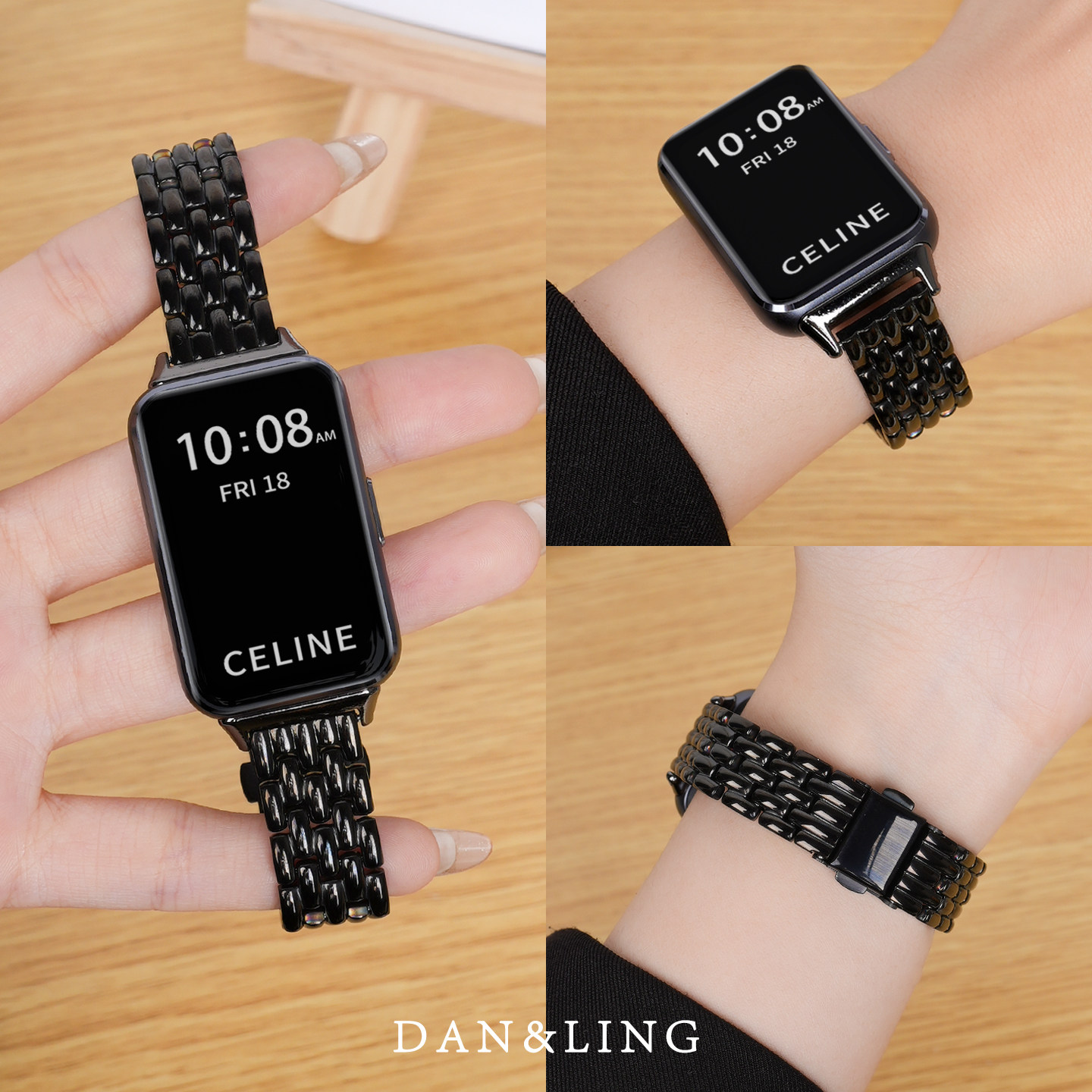 丹灵公主适用华为手环11表带10手表9荣耀8金属腕带11pro新款黑色五株钢带替换带watch十代智能夏天女款运动男