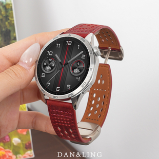 手表带真皮男款磁吸洞洞疯马纹酒红适用华为watchgt6pro/5/4/3/2e