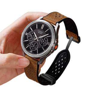 手表带真皮男款磁吸疯马皮硅胶表链代用华为卡西欧天梭DW浪琴天王