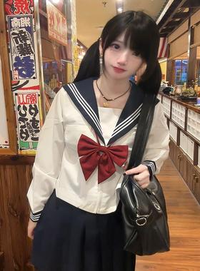 【桔梗】原创基础款白三本长袖水手服校供学院风绀色jk制服裙套装