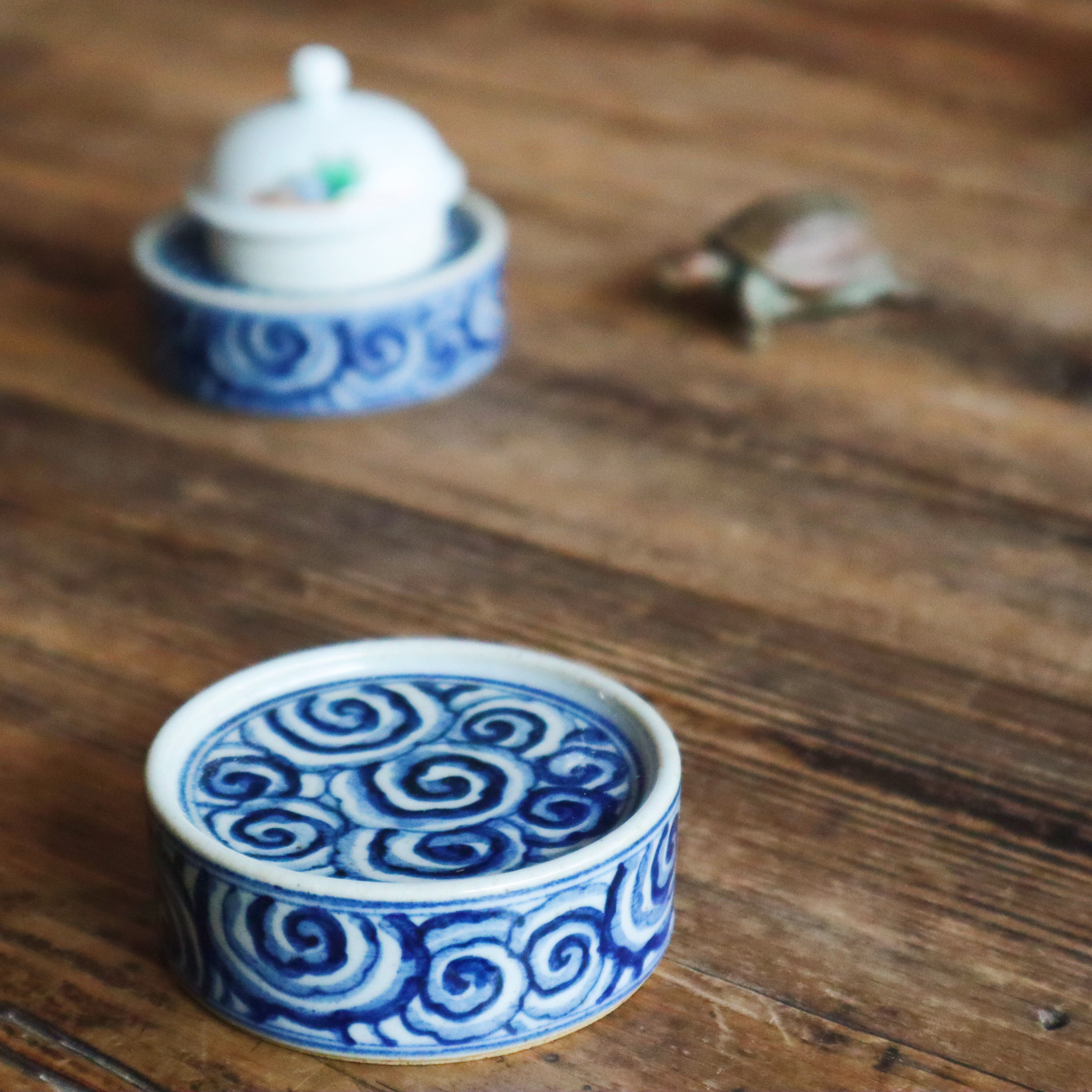 景德镇秋拾茶器纯手工出传统祥云纹饰盖托复古仿古青花手绘盖置