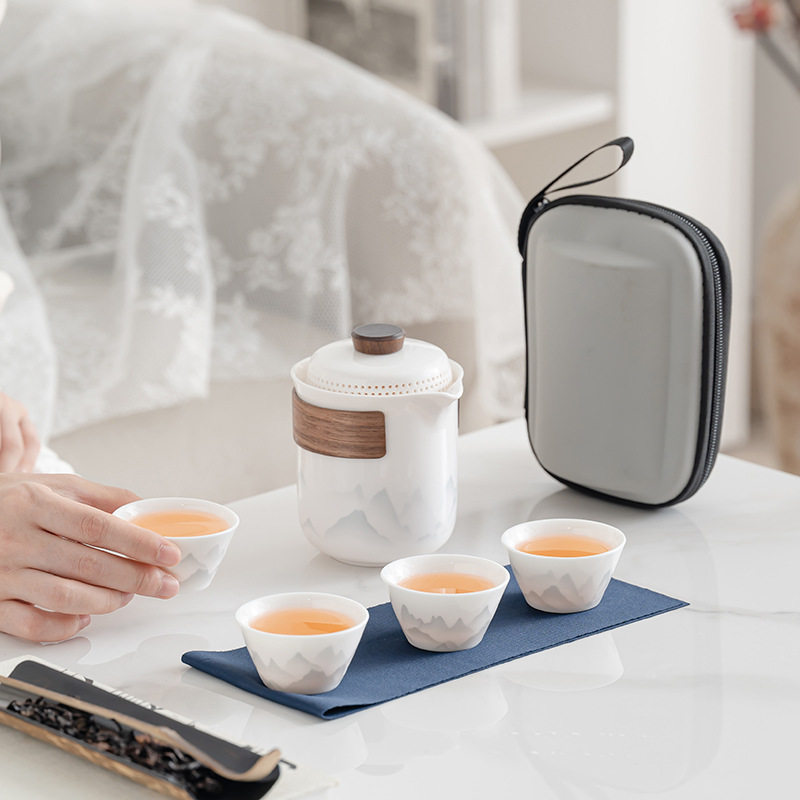 羊脂玉白瓷旅行茶具一壶四杯户外随身携带快客杯便携式功夫茶具