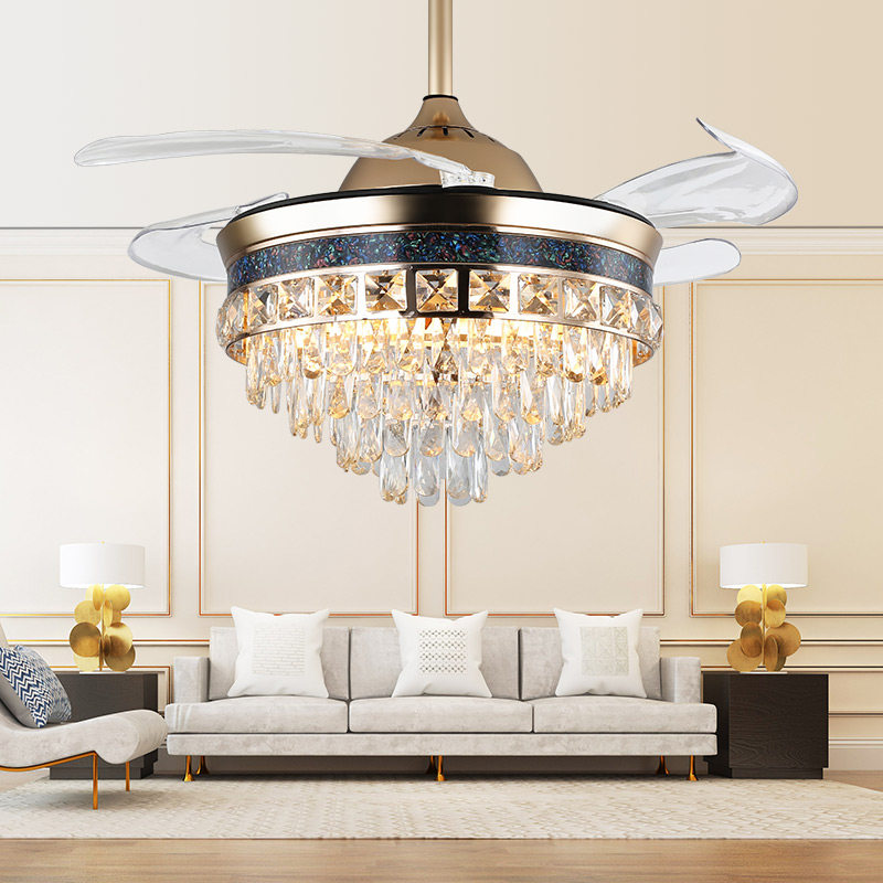 宸居奢华水晶餐厅风扇灯客厅家用高档电扇吊灯别墅书房金色吊扇灯