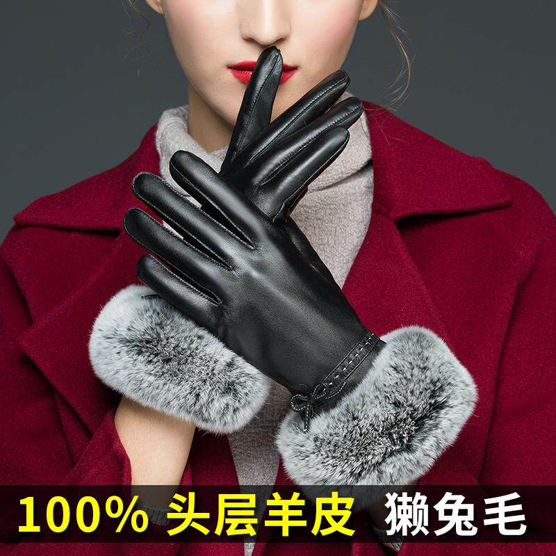 冬季真皮女士手套高端獭兔毛口头层羊皮加绒手套