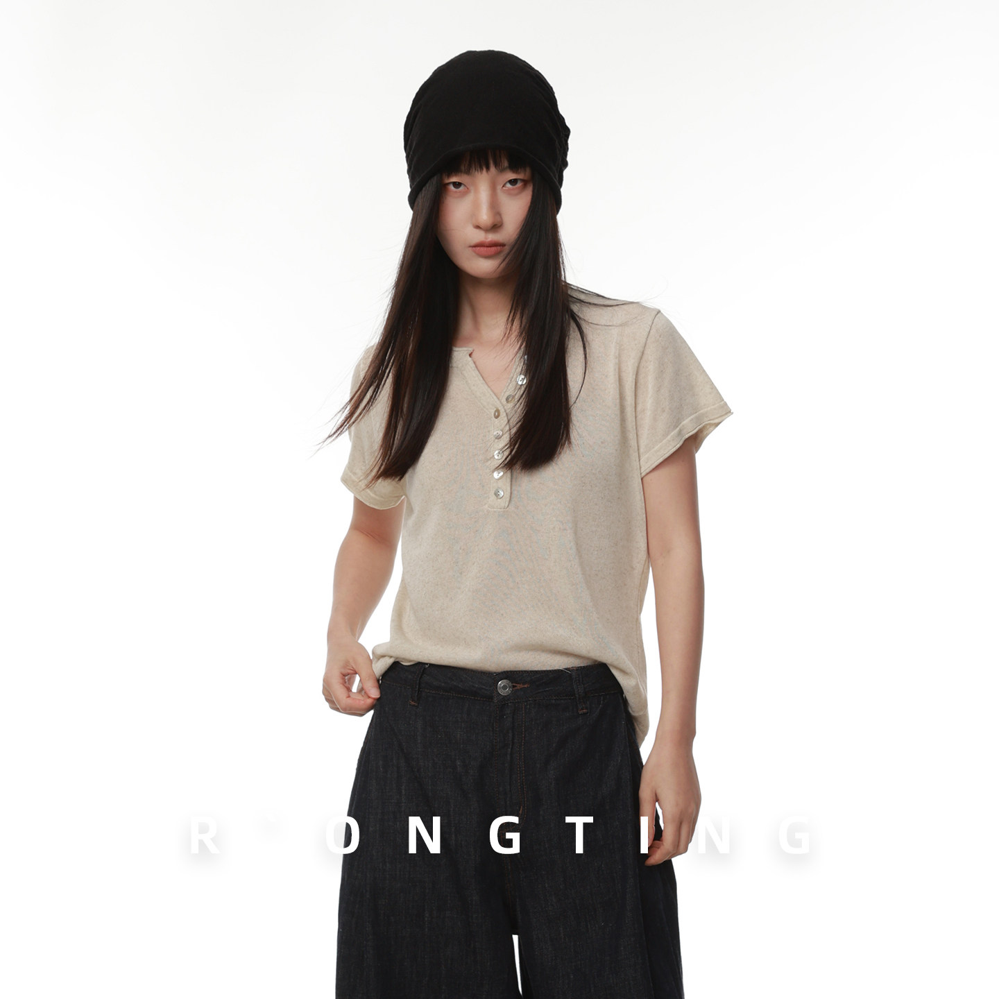 绒汀 RONGTONG 【可机洗】亚麻+莱赛尔亨利领针织T
