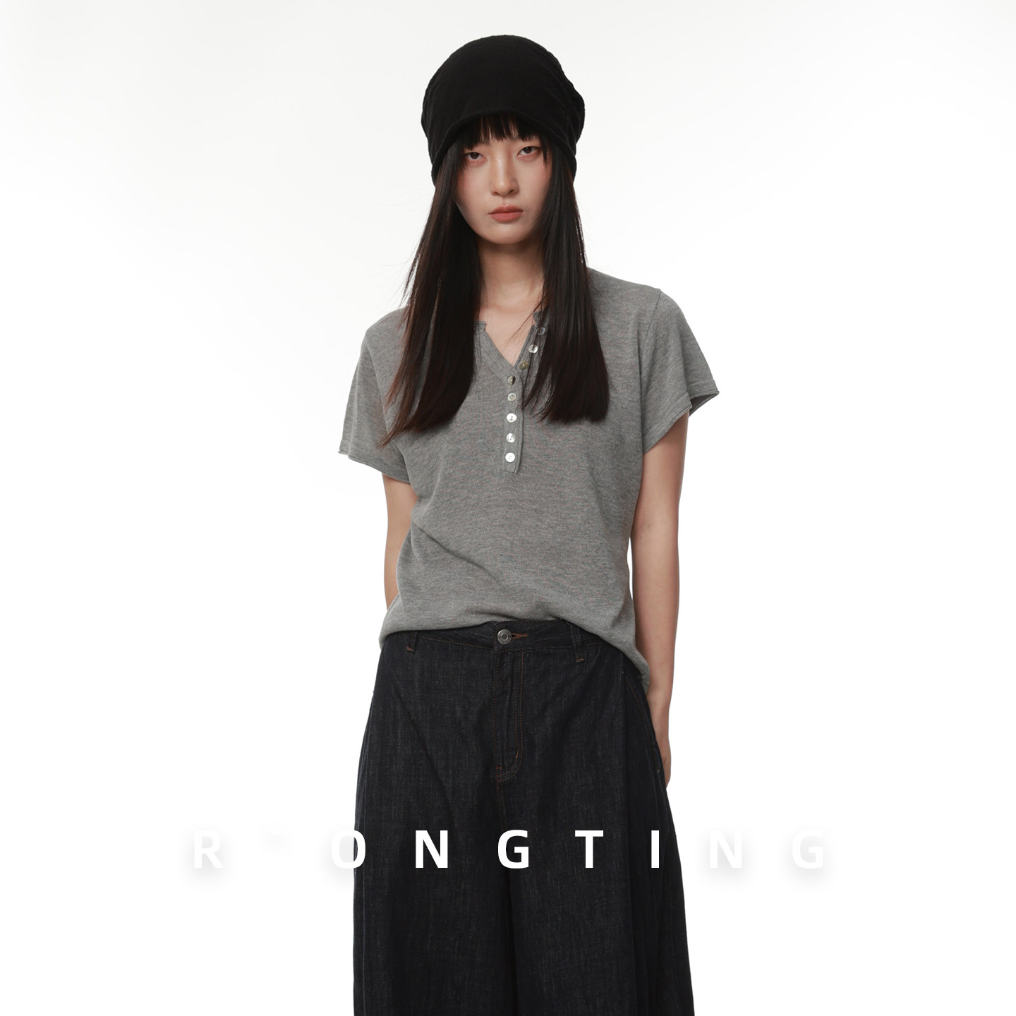 绒汀 RONGTONG 【可机洗】亚麻+莱赛尔亨利领针织T